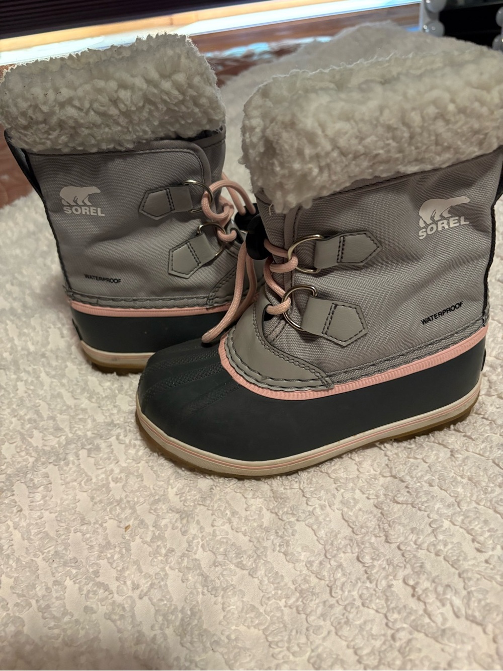 Sorel Kids Gray and Pink Waterproof Snow Boots with Fleece Cuff